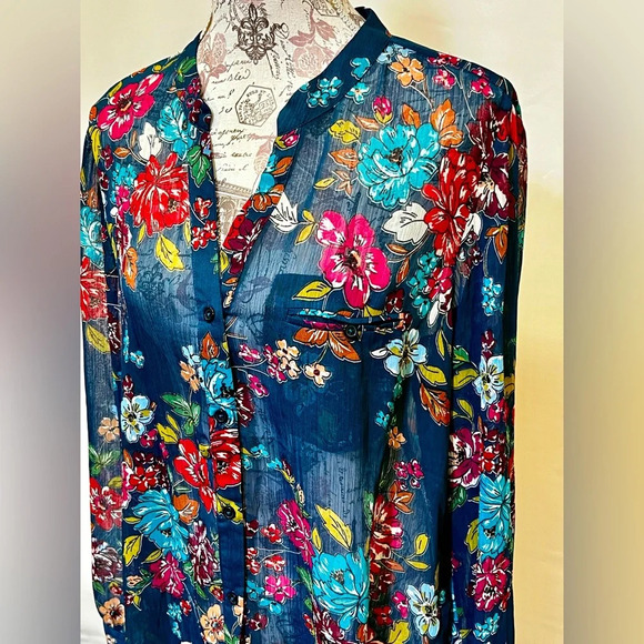 KUT FROM THE KLOTH Navy floral sheer long sleeve top‎ size XL. - Picture 2 of 13